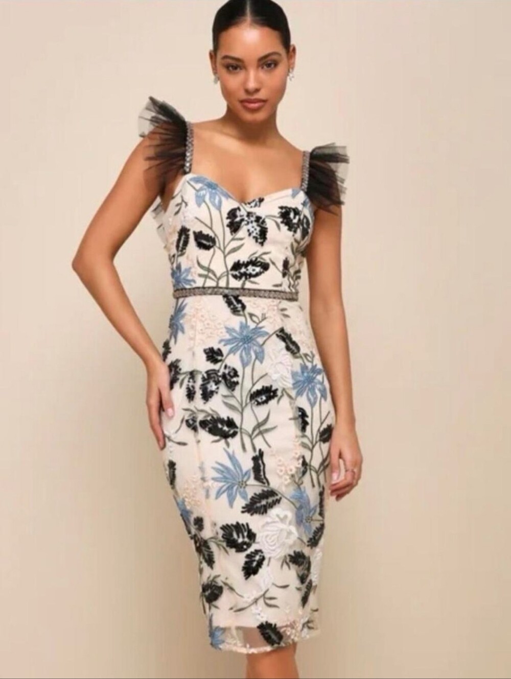 Nwot Medium LULUS Floral Embroidered Show Stoper Dress Midi Dress